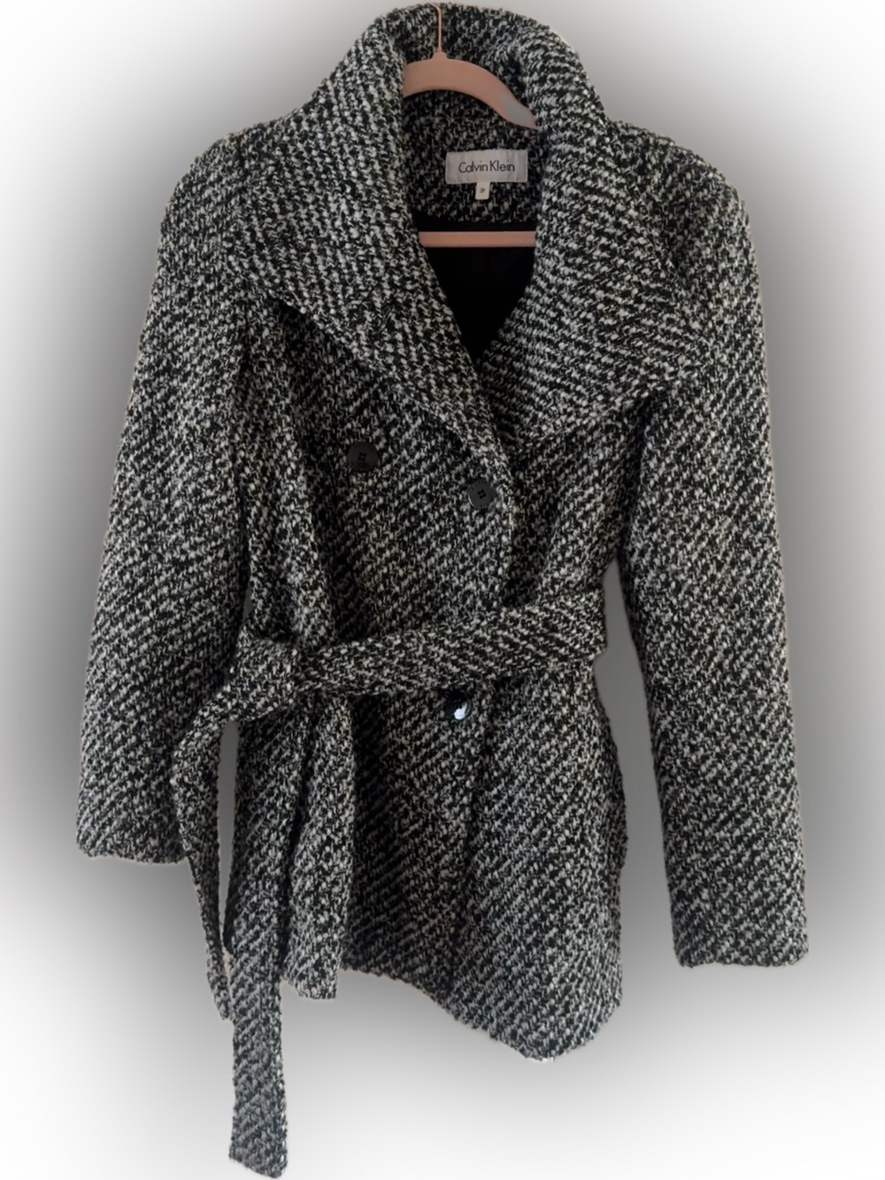 Calvin Klein Black and White Tweed Belted Pea Coat